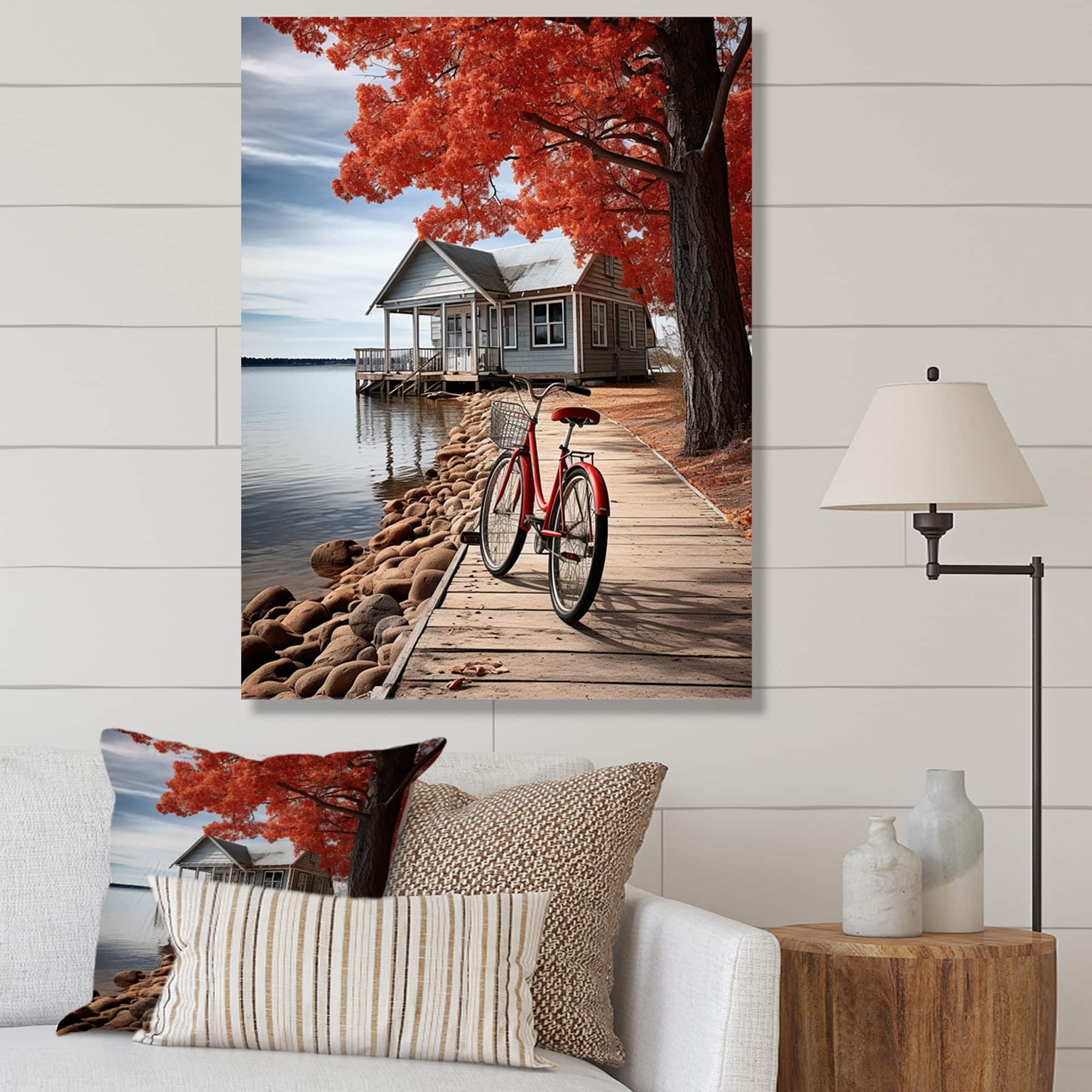 Designart "Red And Grey Lakeouse Majestic Retreat VI" Lake House